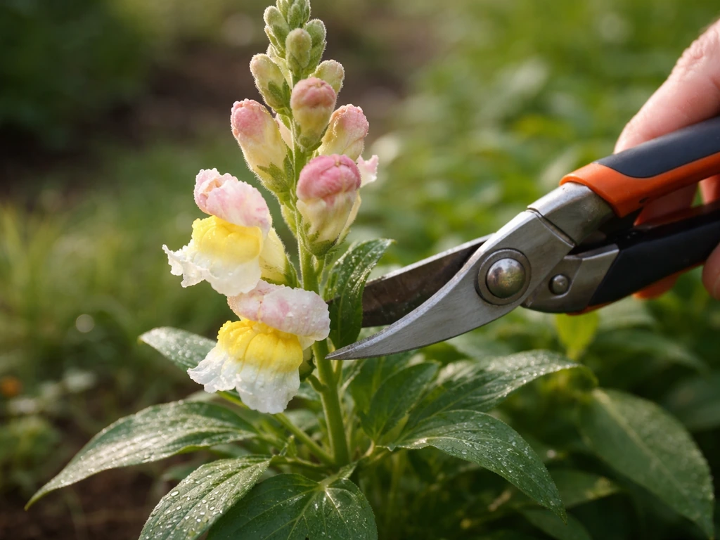 Close-up of a snapdragon spike at the ideal stage with pruners cutting the stem near the plant.