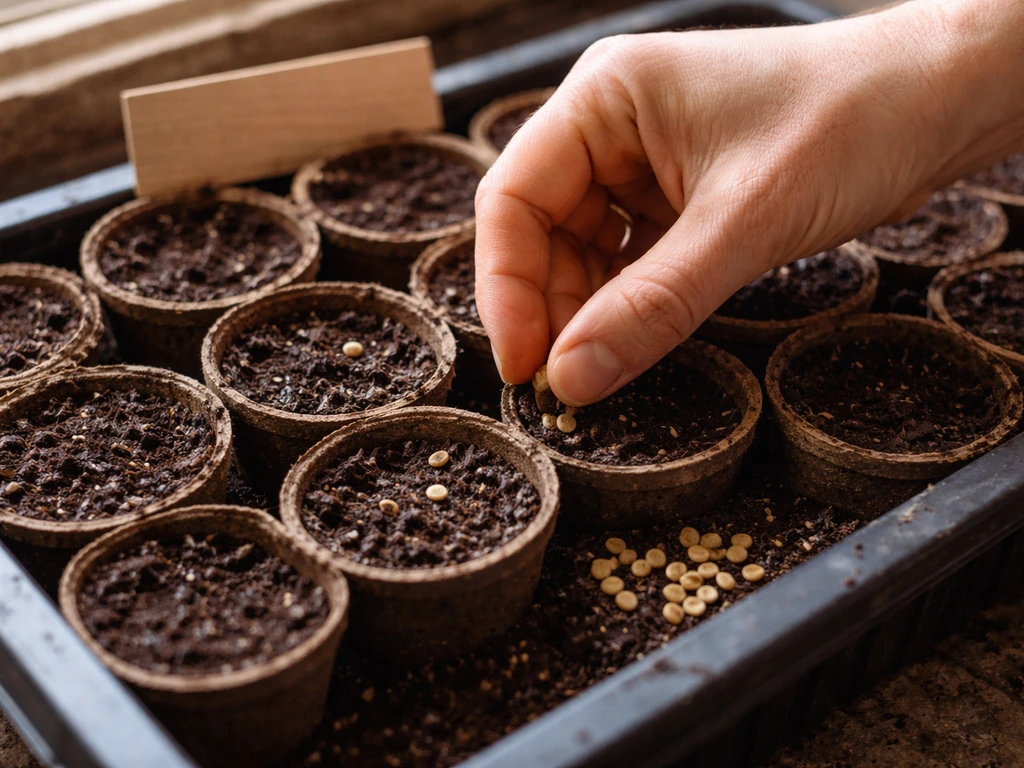 Scarified seeds being planted in small pots, with a soil-filled tray ready for indoor starting.