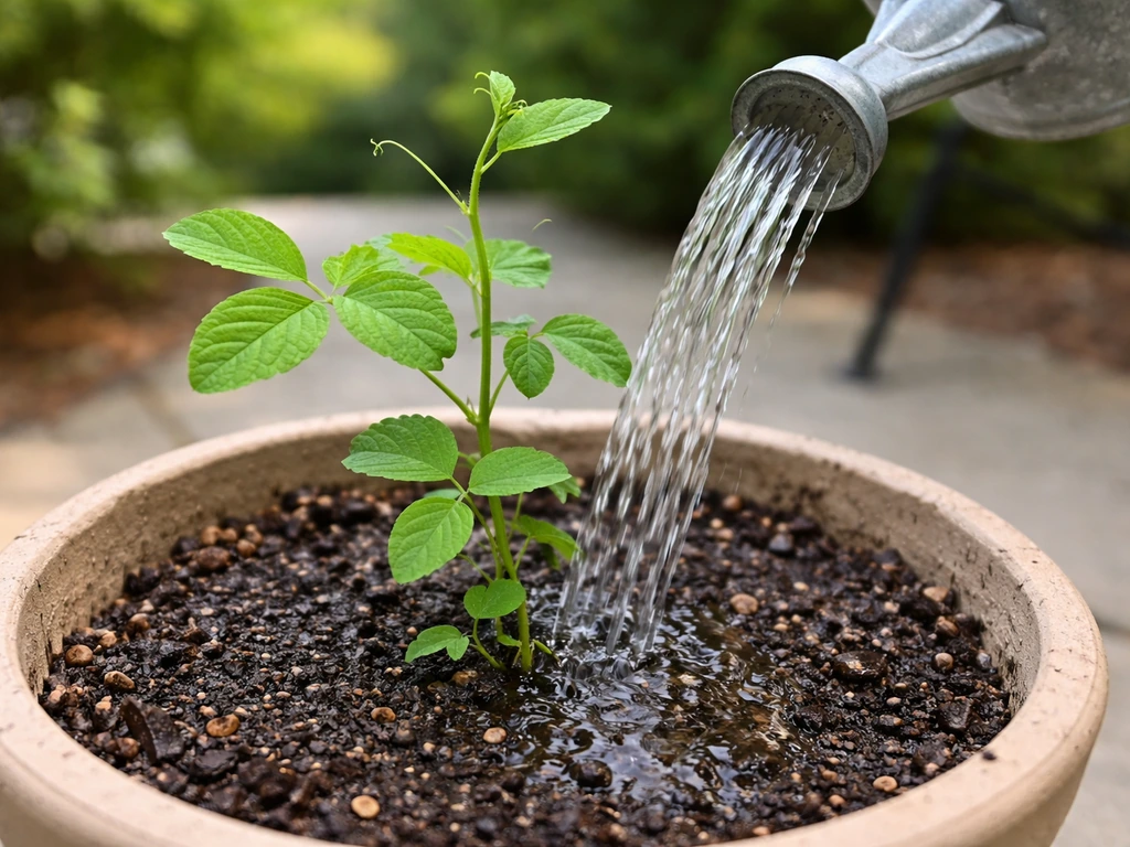 Watering a young butterfly pea plant in well-draining soil with a watering can stream in natural light.