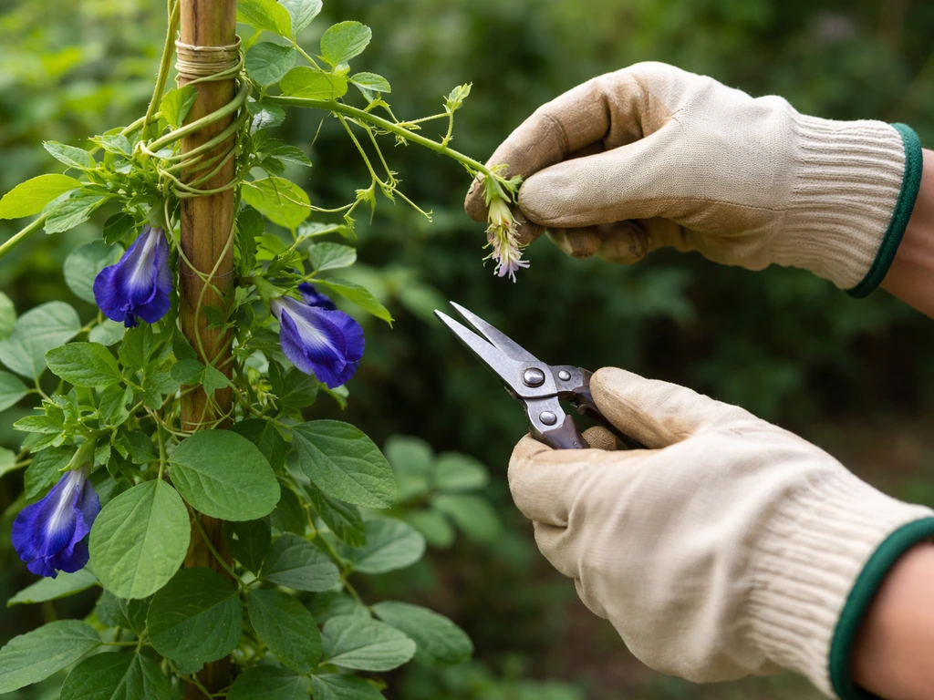 Gardener pinching back growing tips and trimming spent flower clusters on a twining butterfly pea vine.