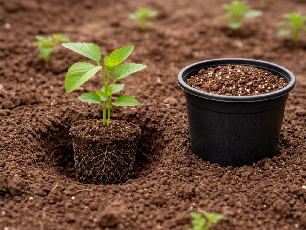 Butterfly pea seedling being transplanted into an in-ground hole with root ball depth shown beside a container.