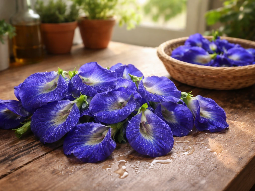 Freshly harvested blue butterfly pea flowers with dew and a small basket in morning light.