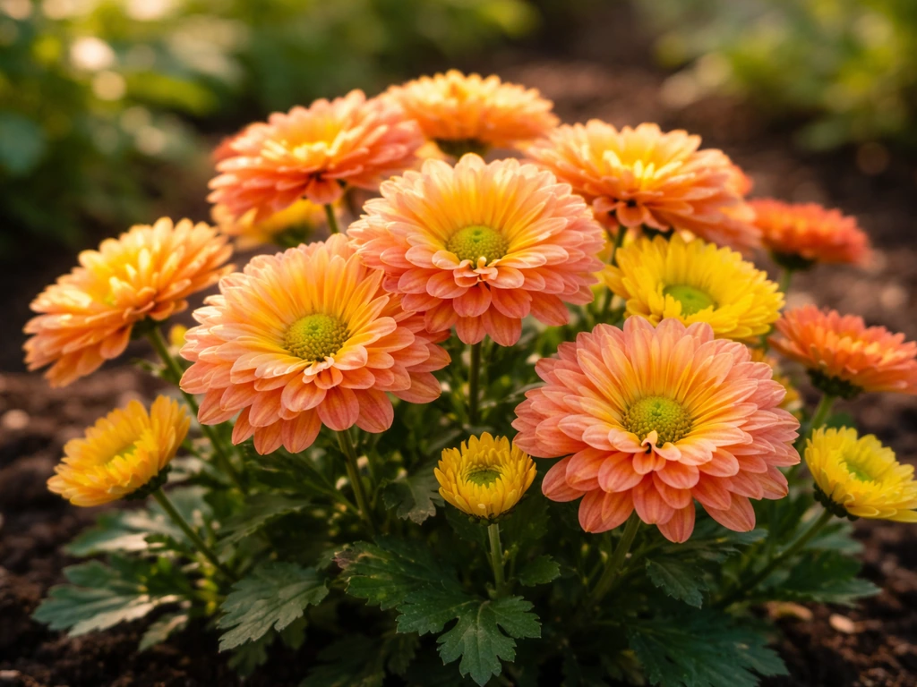 Vibrant close-up of blooming chrysanthemum flowers in a sunny garden bed.