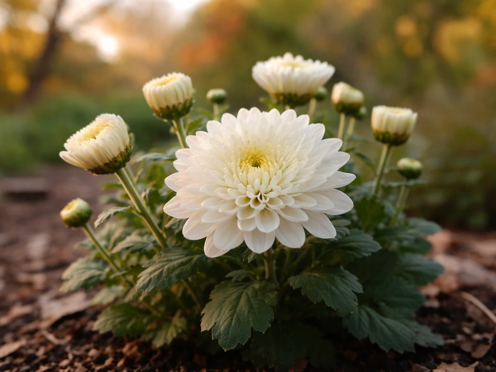 Close-up of chrysanthemum blossoms in warm sun with hints of cool autumn foliage in the background.