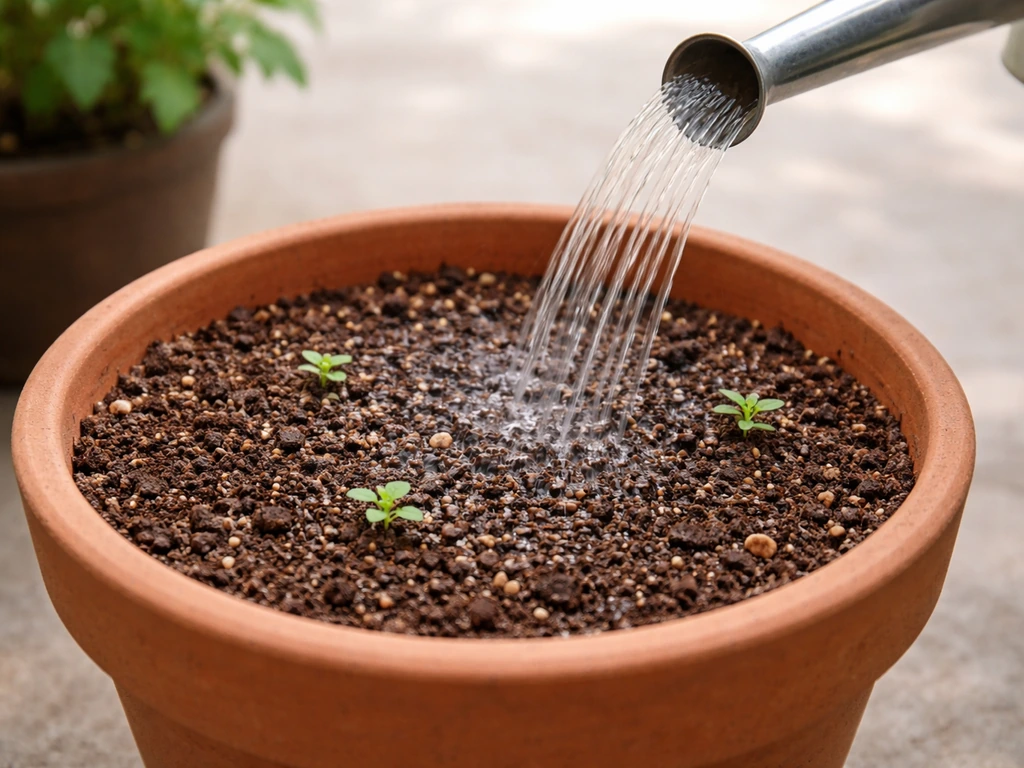 Close-up of loamy soil in a pot with a watering can pouring water gently to show proper moisture