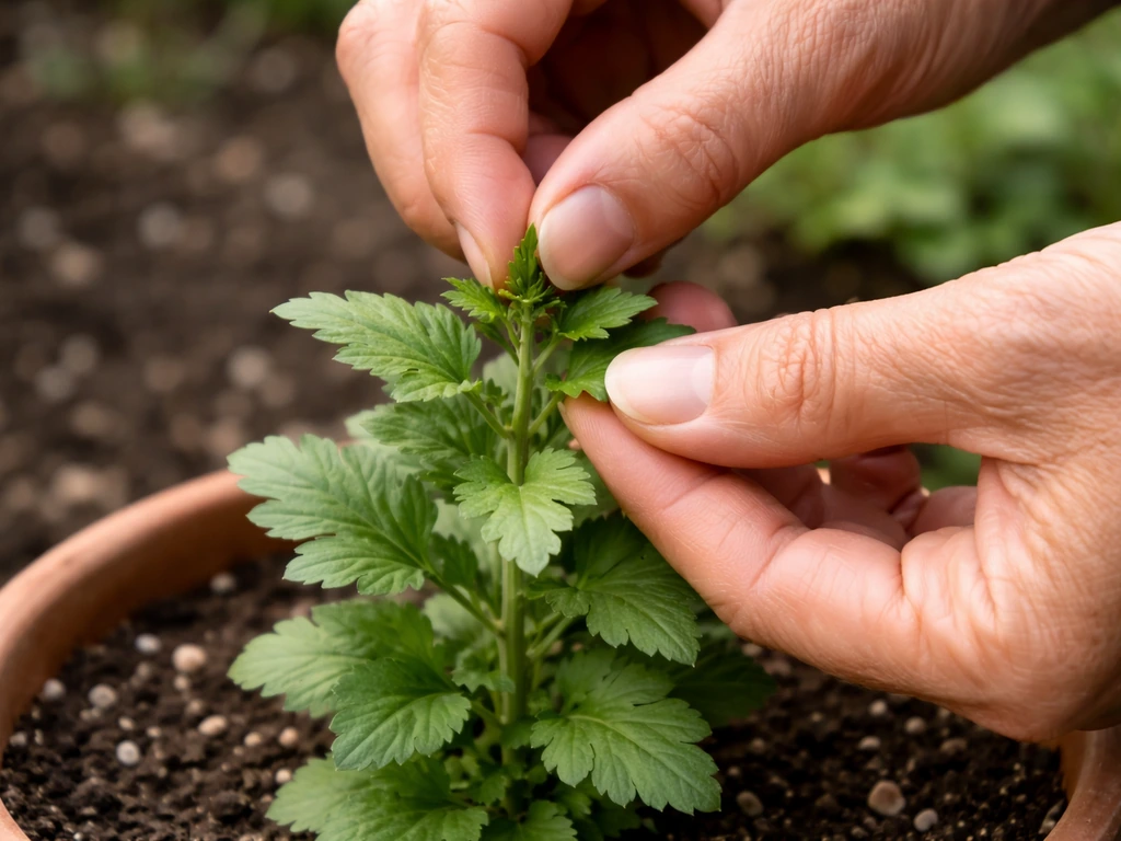 Close-up of fingers pinching the growing tip of a healthy potted mum shoot for bushier growth