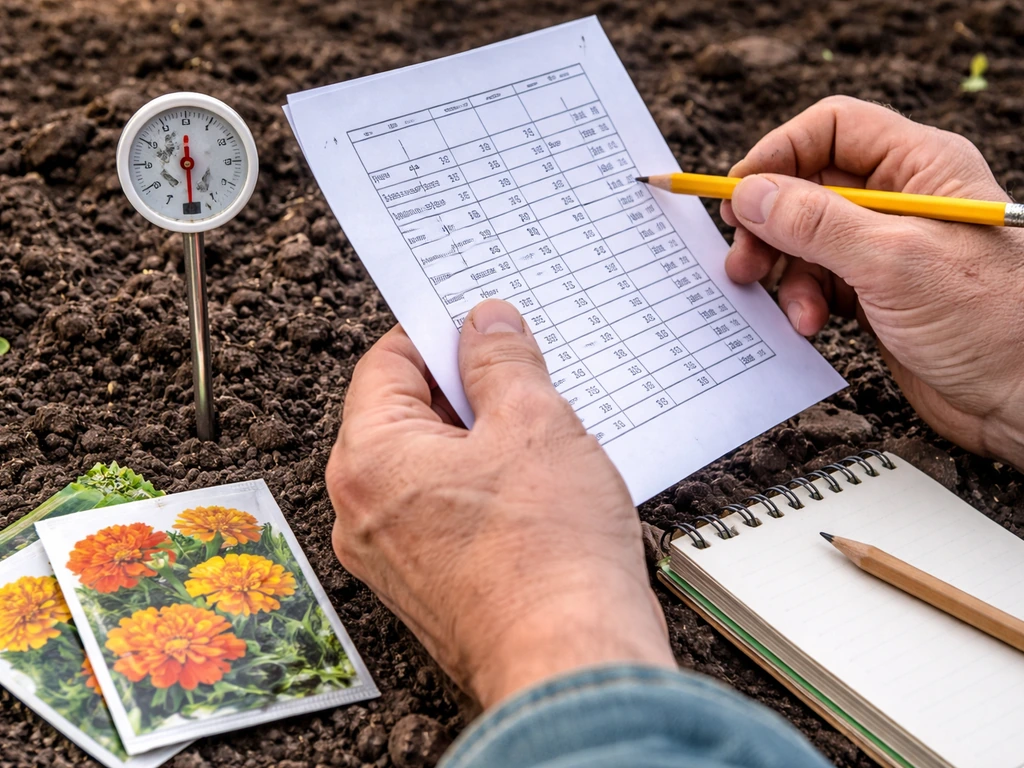 Gardener using last-frost timing and a soil thermometer to decide when to sow marigold seeds.