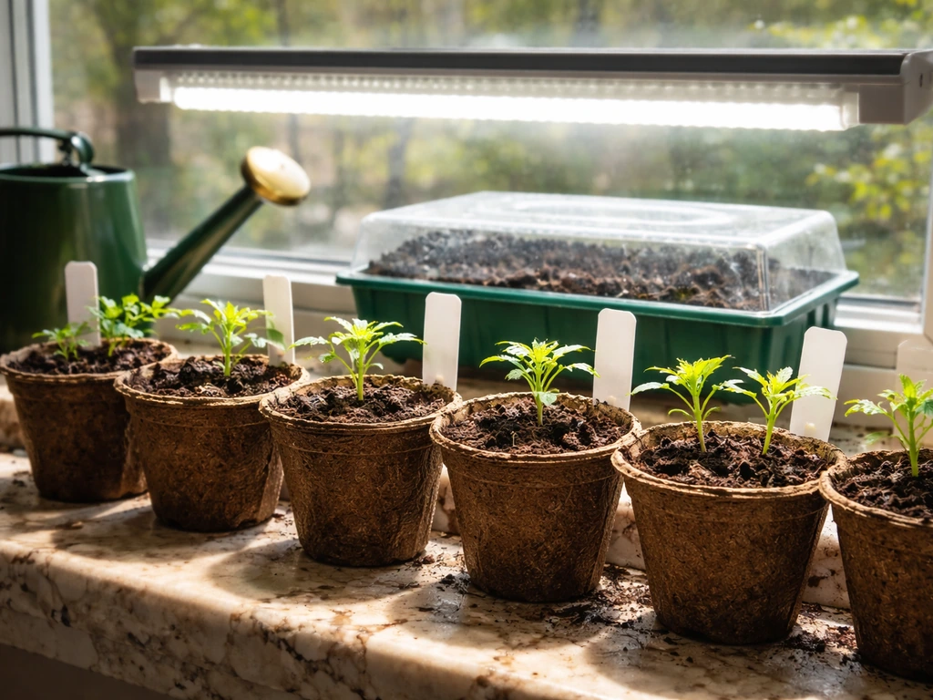 Marigold seedlings under light on a sunny windowsill during indoor starting.