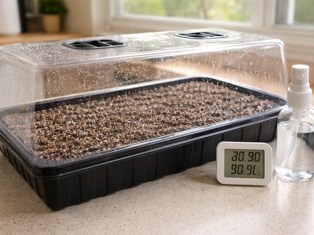 Freshly sown marigold seeds in a tray with misting and moisture cover.