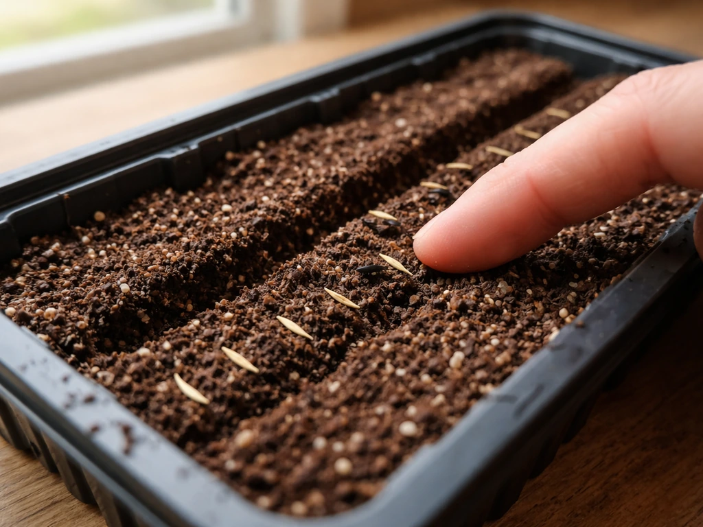 Close-up of marigold seeds being placed about 1/4 inch deep in seed-starting mix inside a tray.