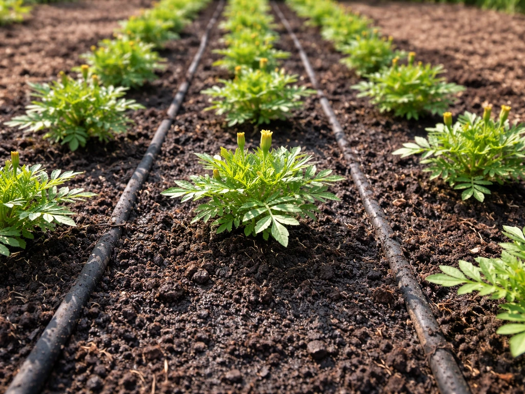 Spaced French marigold seedlings in a sunny garden bed with a visible drip/watering line and early buds
