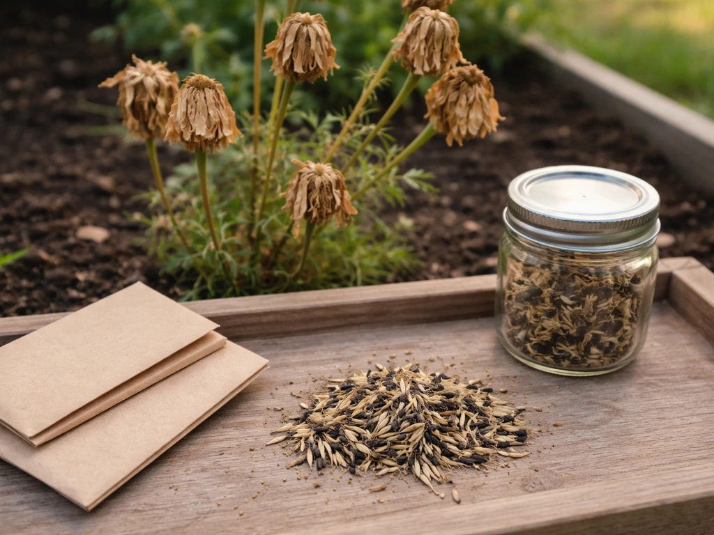 Papery marigold seed heads on the plant with seeds stored in plain envelopes and a jar.