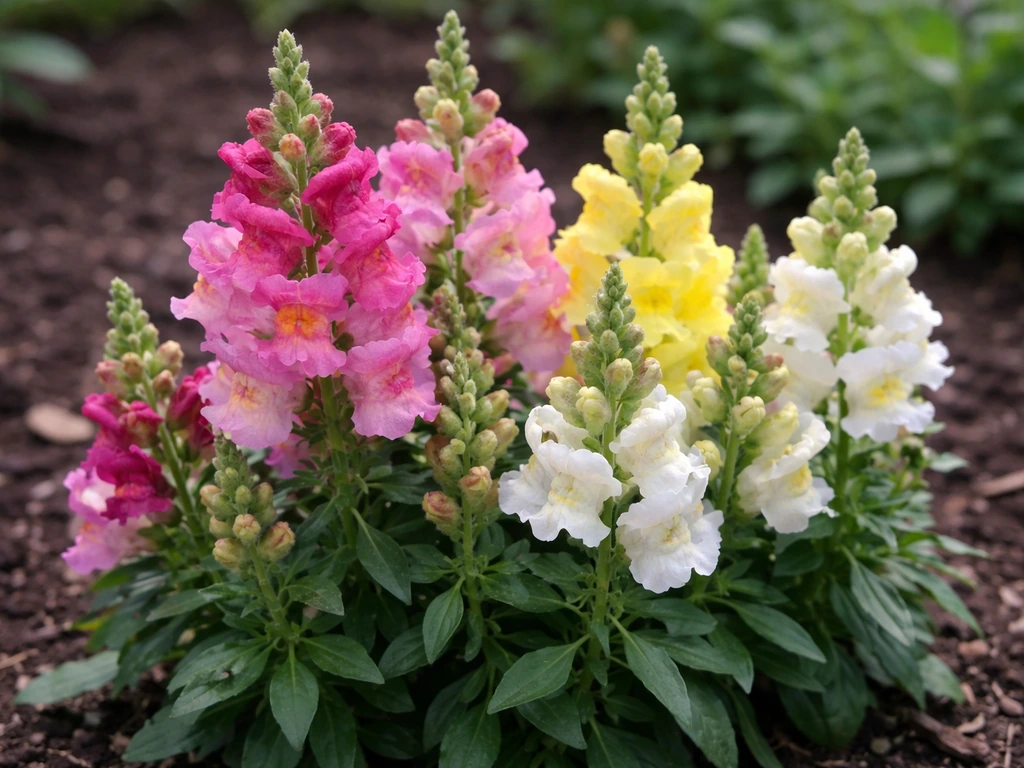Close-up of blooming snapdragon flowers and seed pods in a cool-season garden bed.
