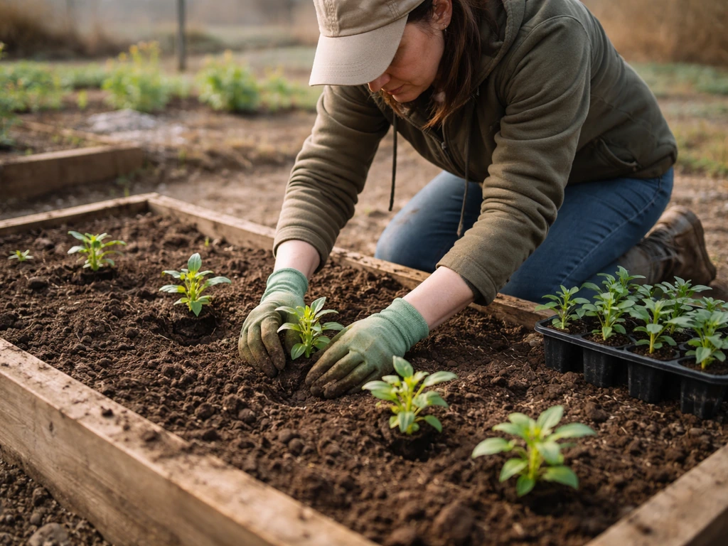 Gardener kneeling to transplant young snapdragon seedlings into a raised bed in early spring weather.