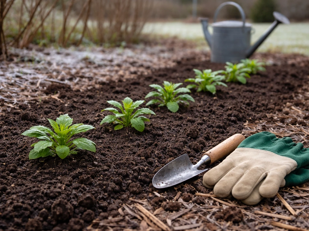 Snapdragon seedlings planted outdoors in a mild winter garden bed, with cool-season details and tools nearby.