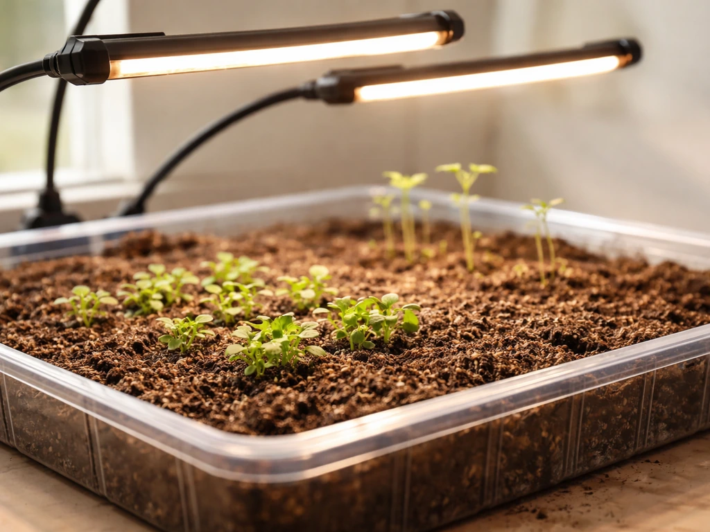 Grow lights above a seed tray with compact snapdragon seedlings and some leggy growth in the mix.