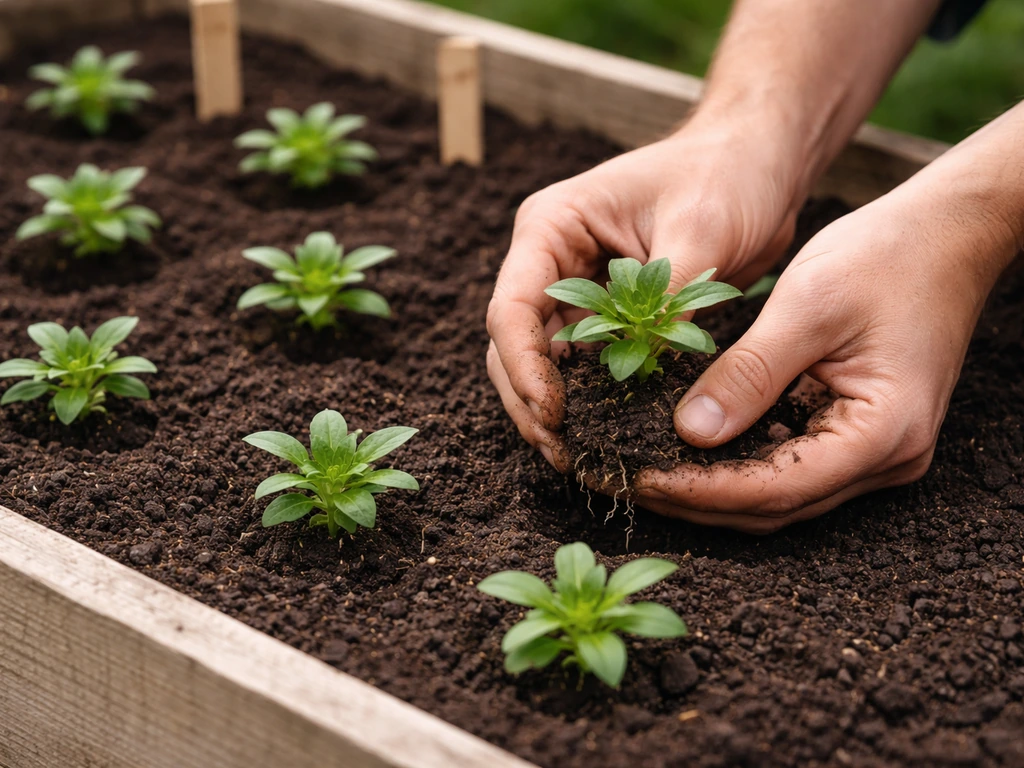 Gardener hands transplanting spaced snapdragon seedlings into a raised bed with blank plant markers.