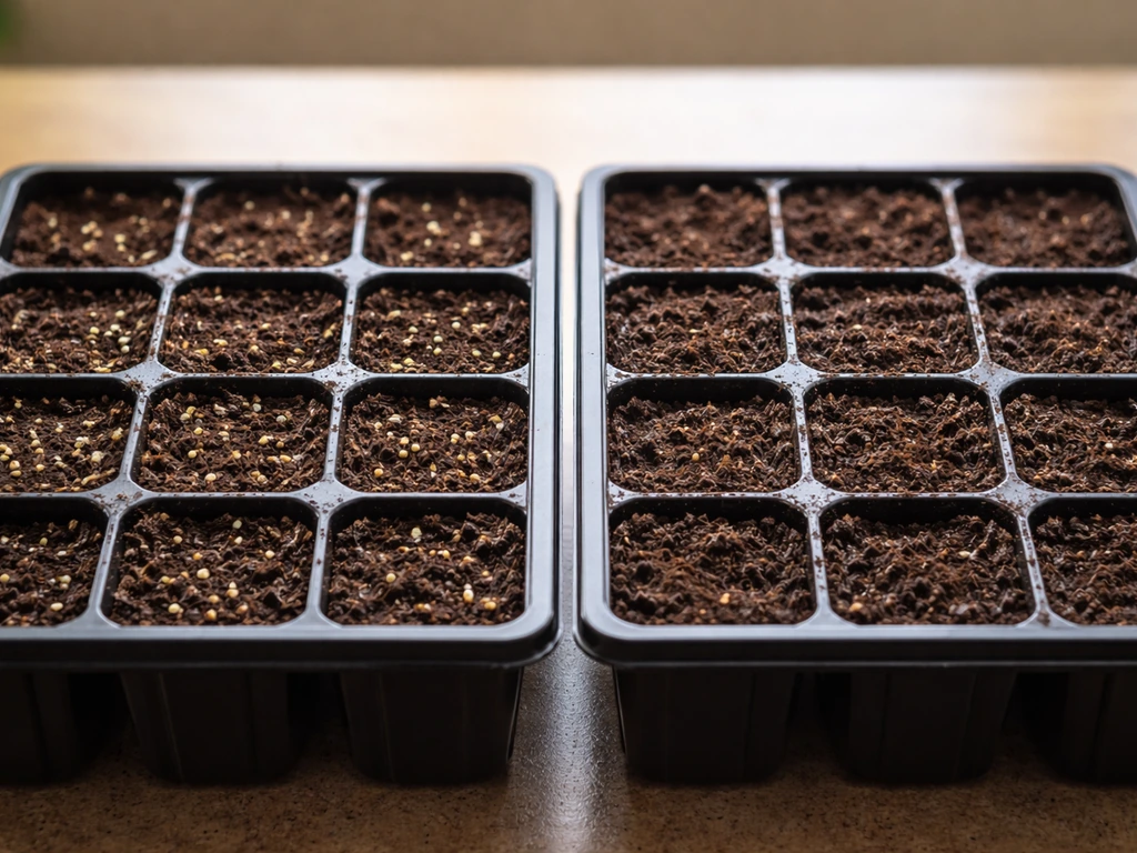 Side-by-side trays showing snapdragon seeds on top vs. seeds lightly covered with soil.