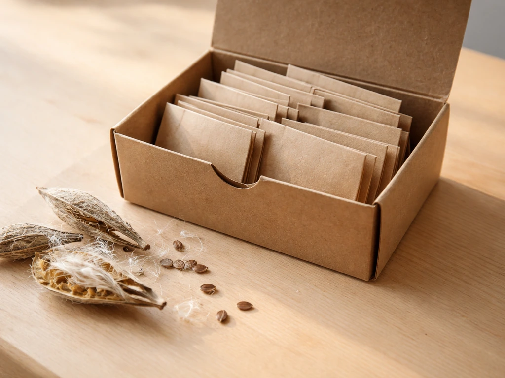 Fanned native milkweed seed packets and seeds on a light wood table under natural light.