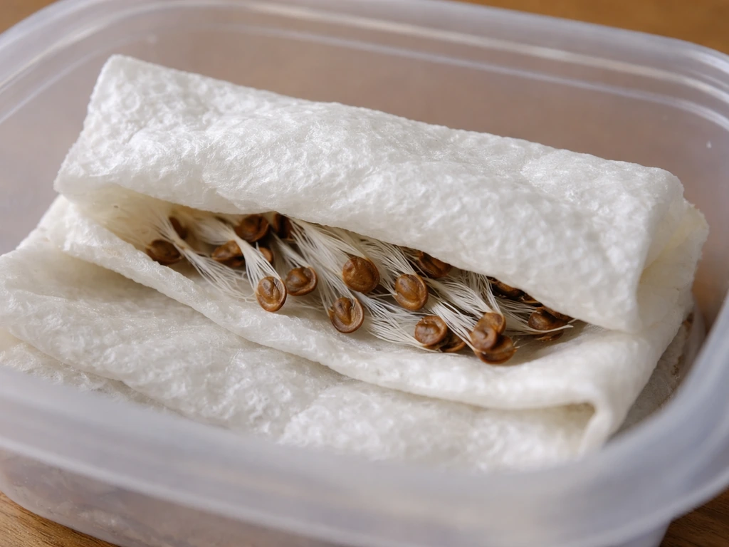 Close-up of milkweed seeds on a moist paper towel folded over in a simple container for stratification.