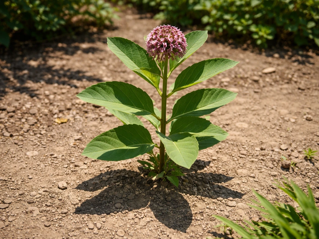 Milkweed plant thriving in a bright full-sun garden bed with clear shadows.