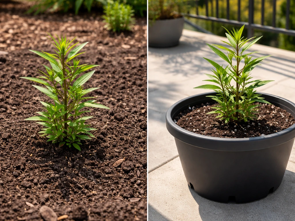 Swamp milkweed plant in an in-ground bed compared with the same plant in a patio container.