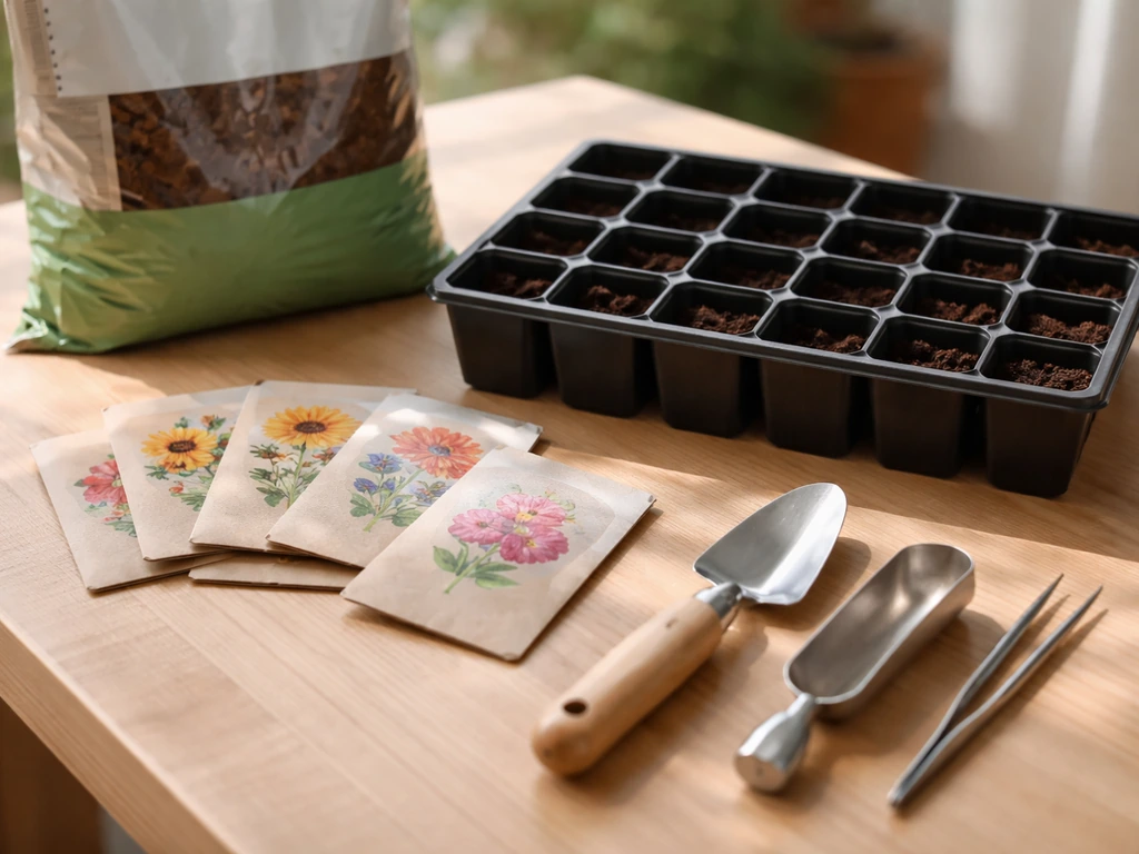 Garden supplies laid out on a table: pincushion flower seeds, seed-starting mix, cell trays, and hand tools.