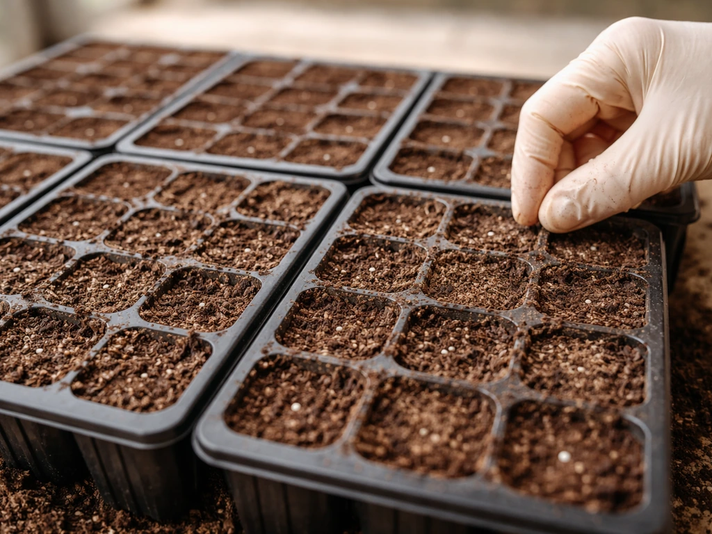 Close-up of cell trays with pre-moistened seed-starting mix, seeds placed on the surface in each cell.