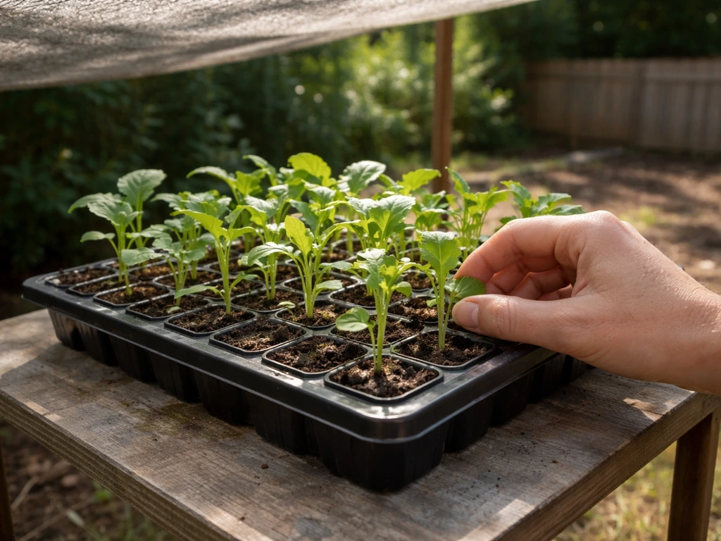 Seedling tray outdoors in partial shade on a garden table, with an ungloved hand adjusting sprouts.