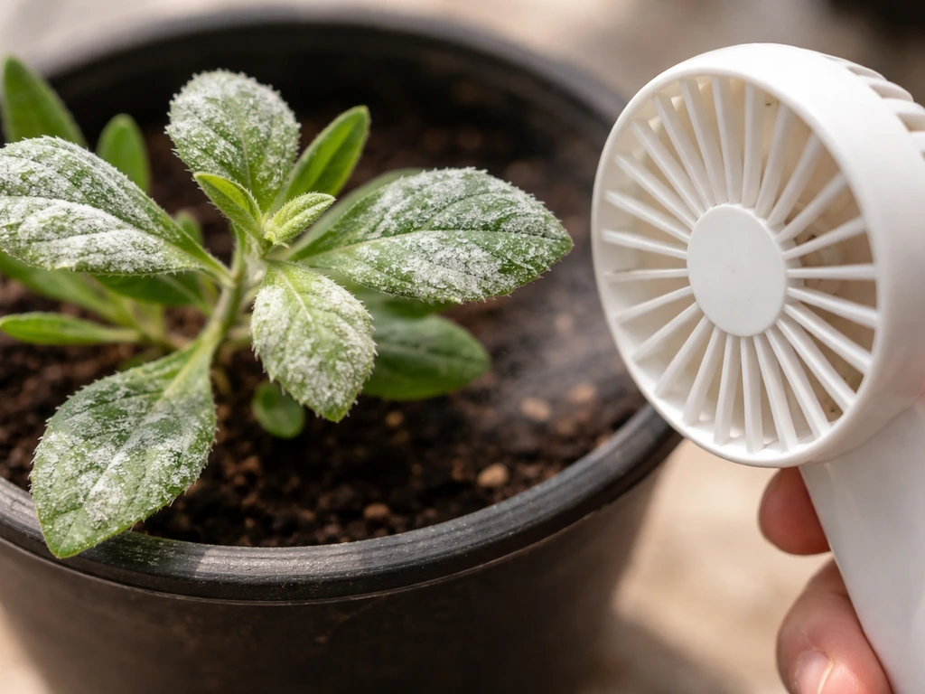 Close-up of pincushion flower leaves with powdery mildew, with improved airflow treatment using a gentle hand fan.
