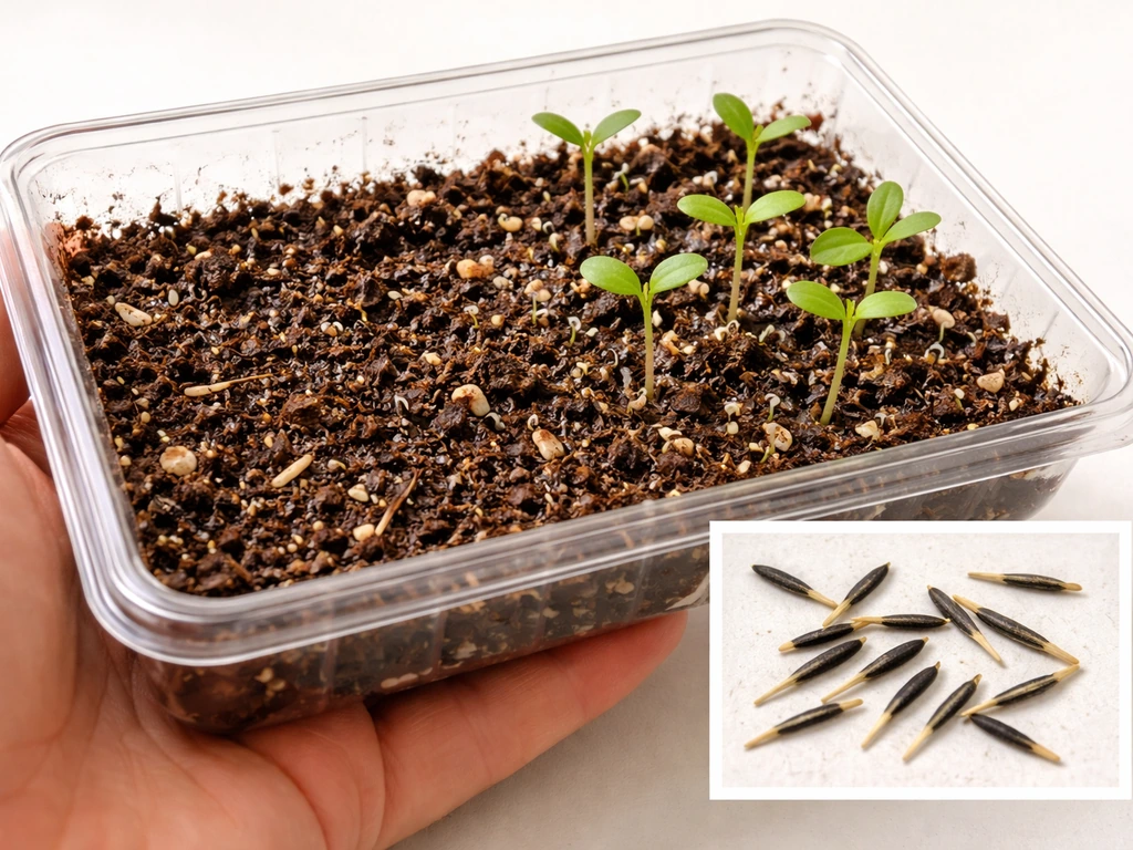 Marigold seeds and seedlings shown together to illustrate growth stages