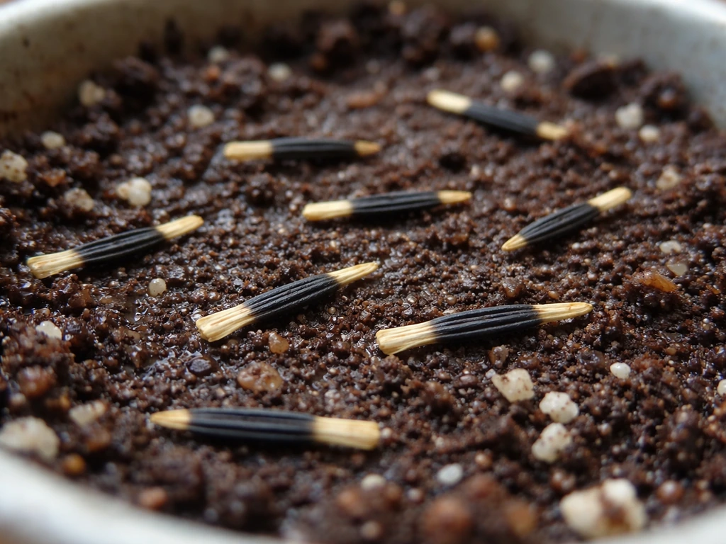 Elongated marigold seeds on moist seed-starting mix, showing intact seed shape