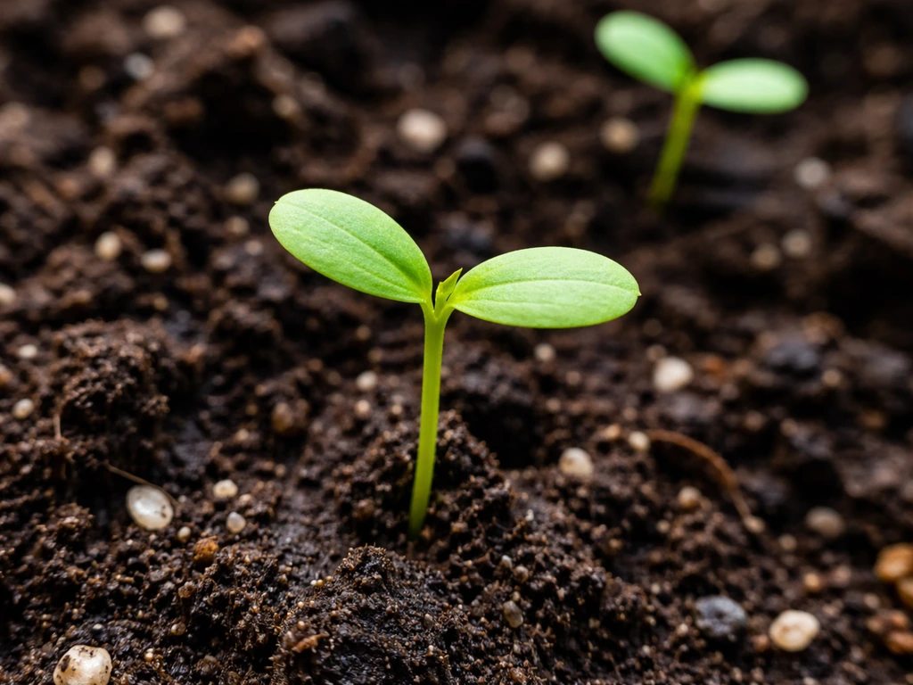 Healthy marigold seedling with two oval cotyledons and upright green stem