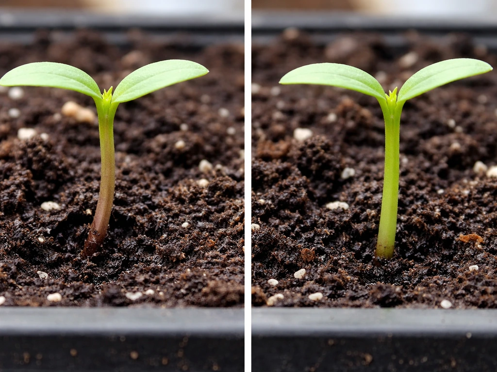 Damping-off vs healthy marigold seedlings at the soil line stem base