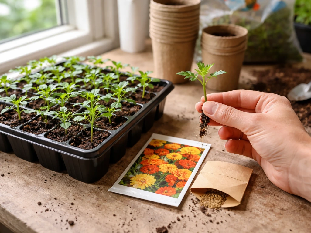 Seed vs starter plants for marigolds: seedlings, seed packet, and pots on a table