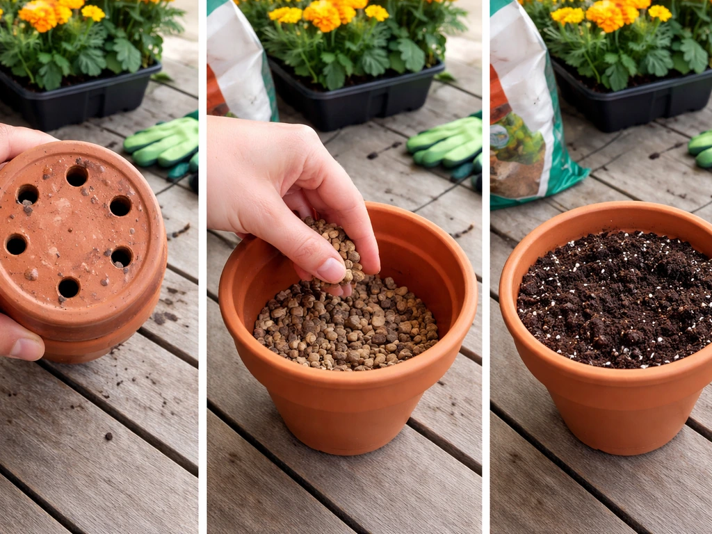 Marigold container setup showing drainage holes and pot filled with soil