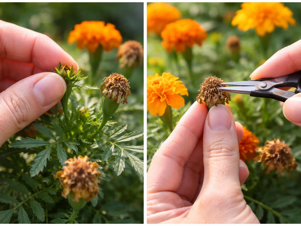Pinching and deadheading marigolds by removing spent flowers and topping seedlings