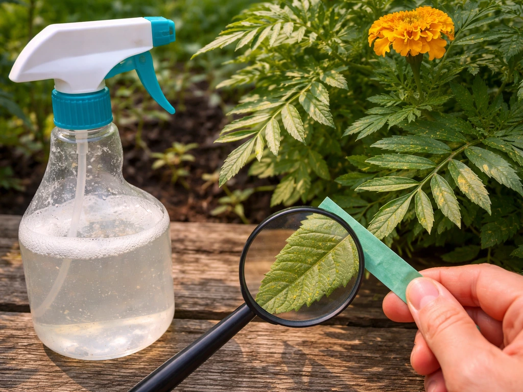 Treating marigold leaf issues with a spray bottle during pest prevention