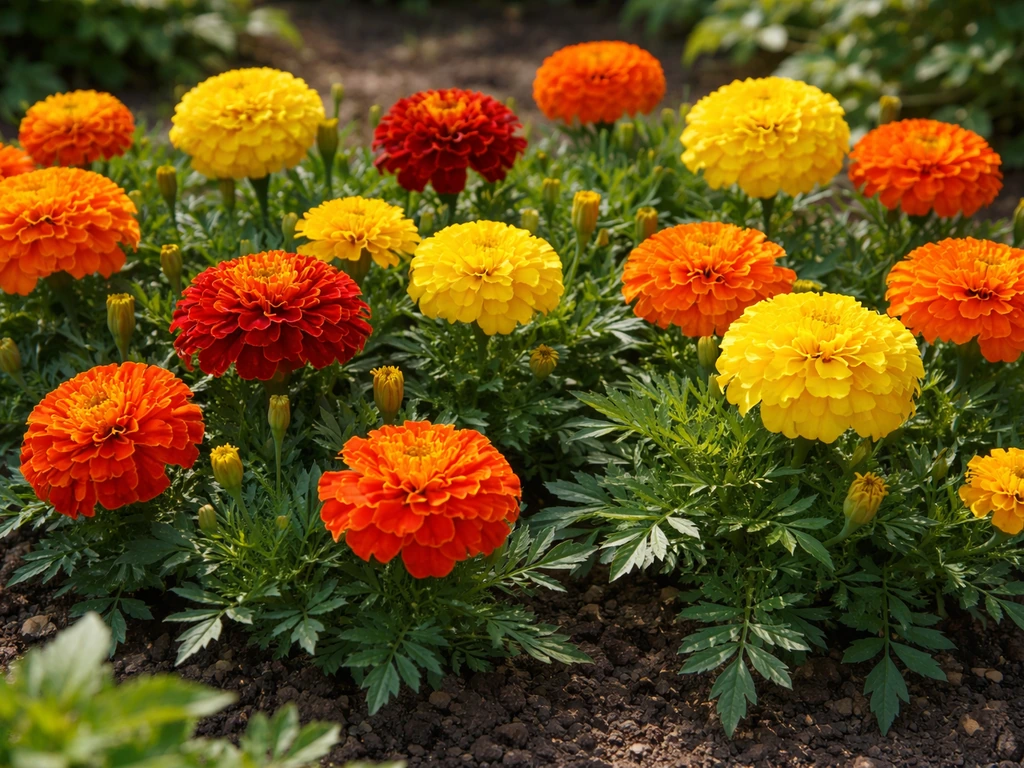 Vibrant marigold flowers in full bloom in a sunny garden bed, showing healthy plants and rich colors.