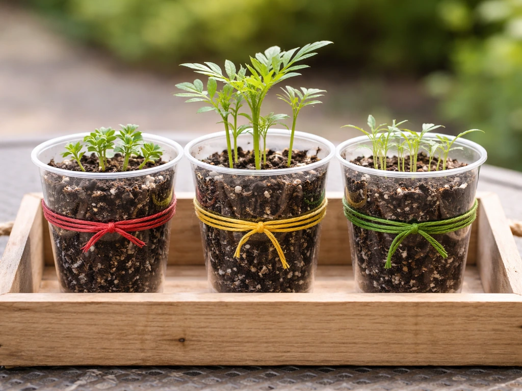 Garden tray with three marigold seed-starting cups showing compact, upright, and fine-leaf types.