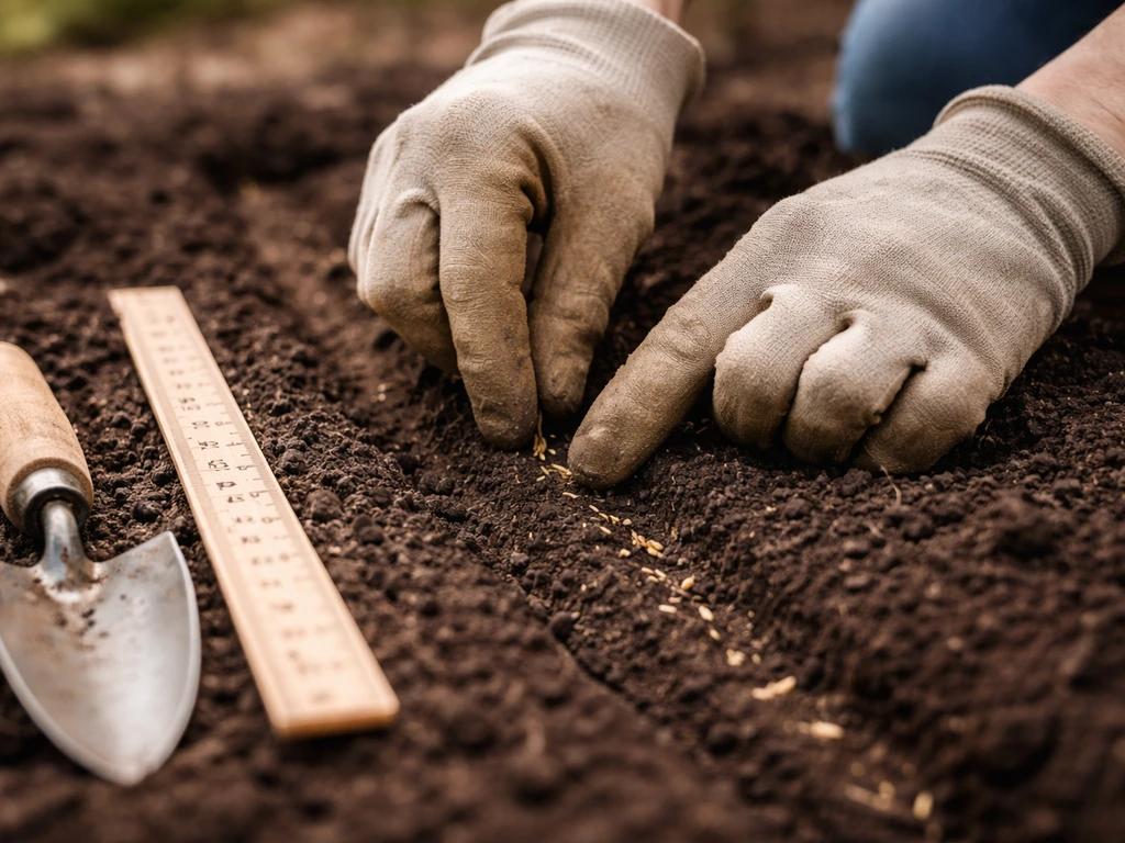 Gloved hands sow marigold seeds into a shallow garden furrow using a ruler for depth accuracy.