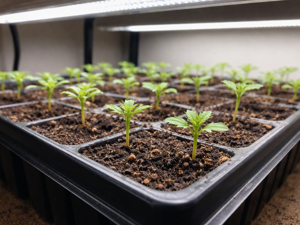 Marigold seedlings in a seedling tray under a bright grow light, soil kept slightly dry to prevent damping-off.