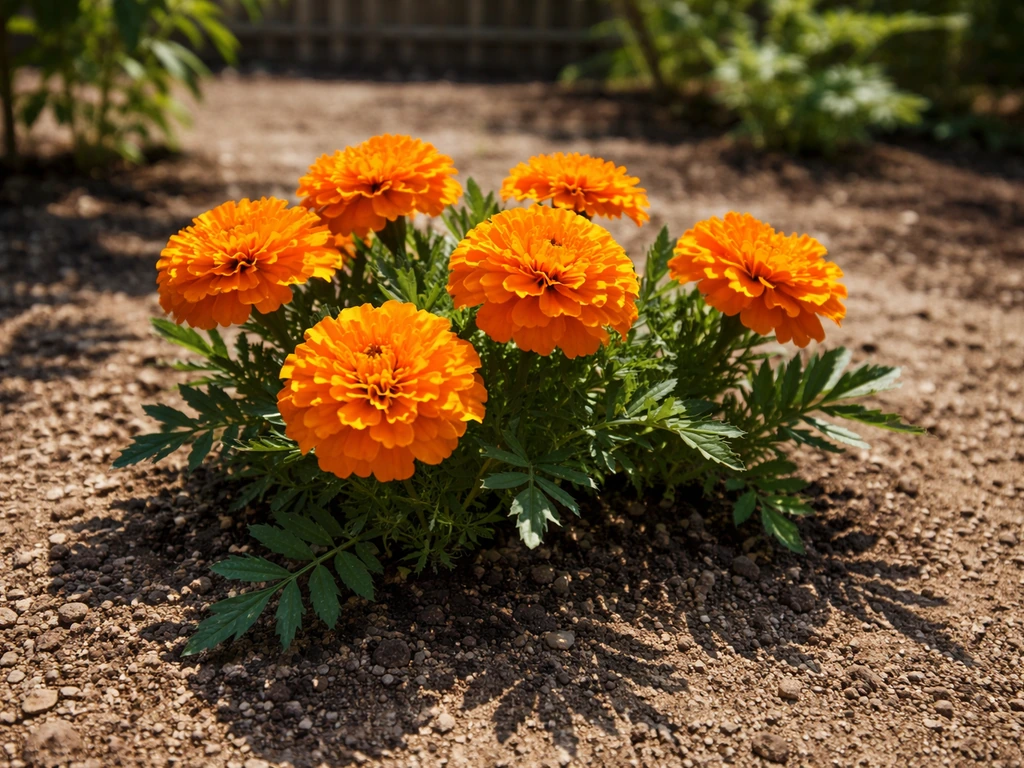 Orange marigolds in bright direct sun with sharp shadows showing full-day light exposure.