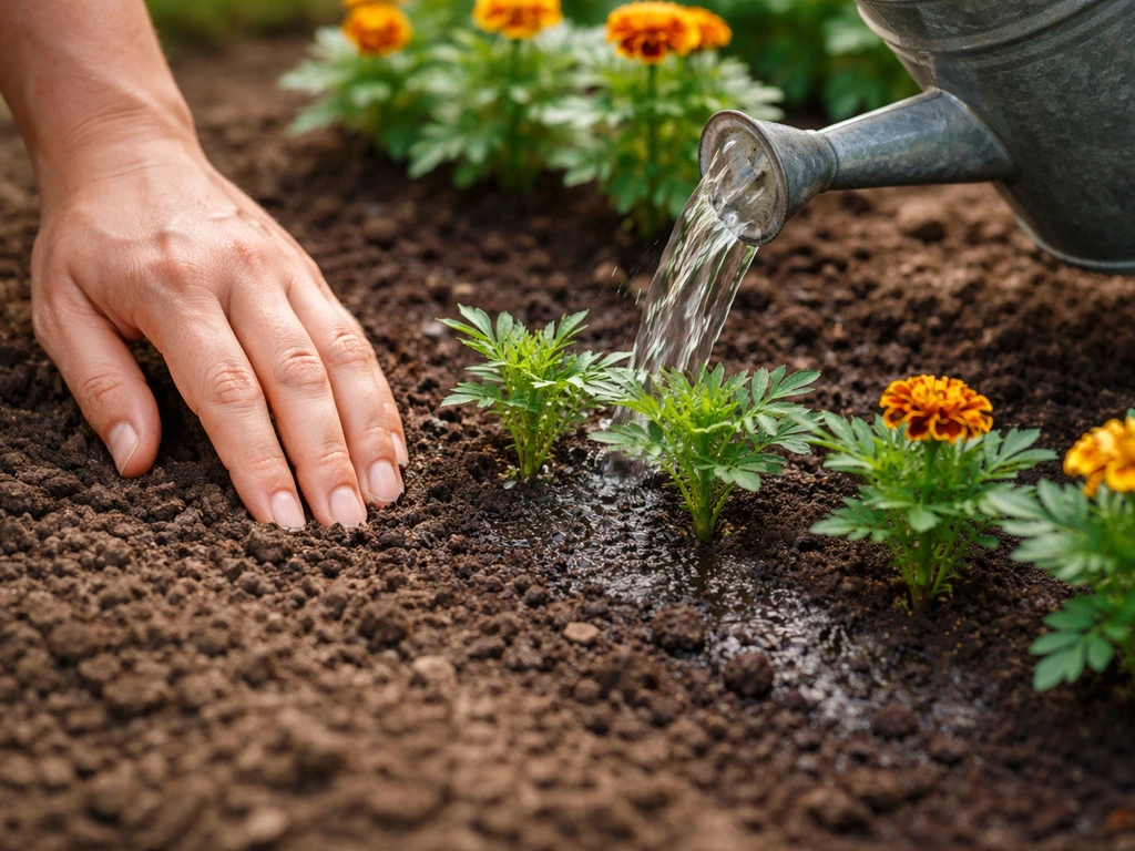 Watering marigold seedlings with a watering can while checking soil moisture with a finger.