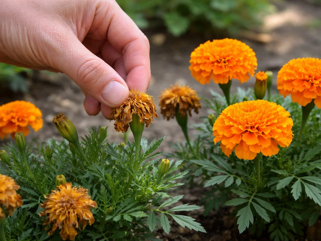 Hand pinching a faded marigold head with fresh orange blooms beside it in a garden bed.
