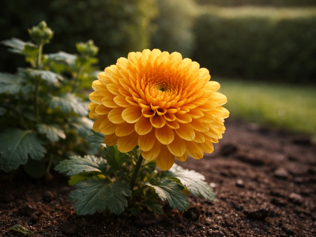 Vibrant blooming UK chrysanthemum in a quiet garden bed with soft natural light.