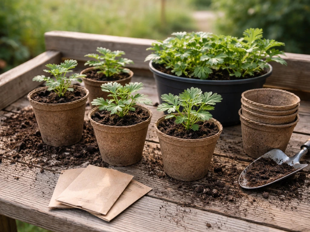 Chrysanthemum seedlings and unbranded seed packets laid out on a garden bench in natural light.