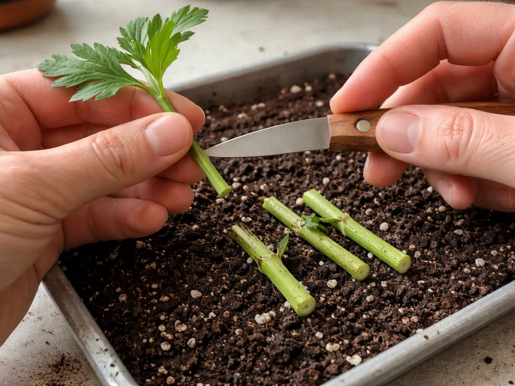 Hands preparing chrysanthemum cuttings with a small knife and stem segments in potting mix