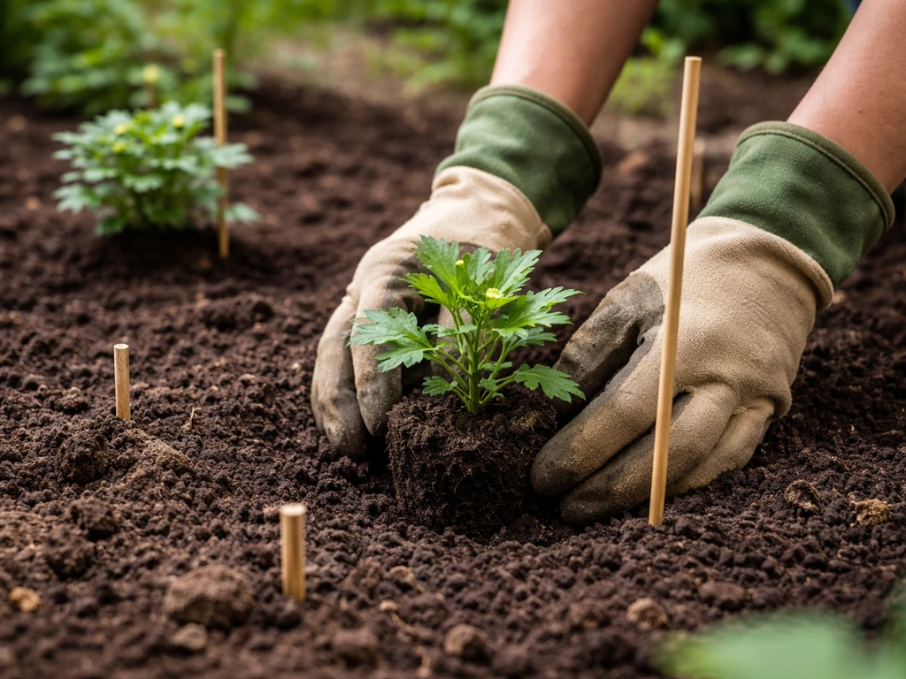 Hand placing a potted chrysanthemum seedling into prepared outdoor soil beside a garden cane