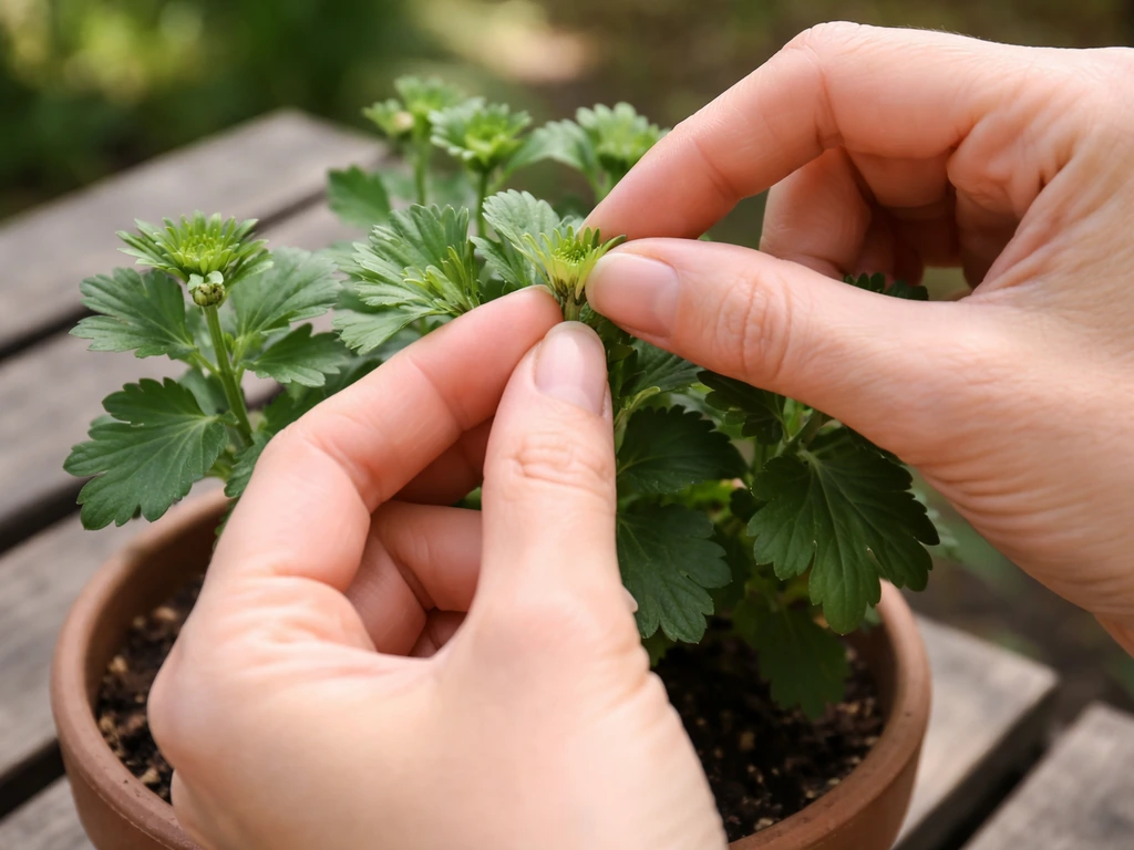 Close-up of hands pinching chrysanthemum side-shoot tips to encourage bushy growth and more flowers